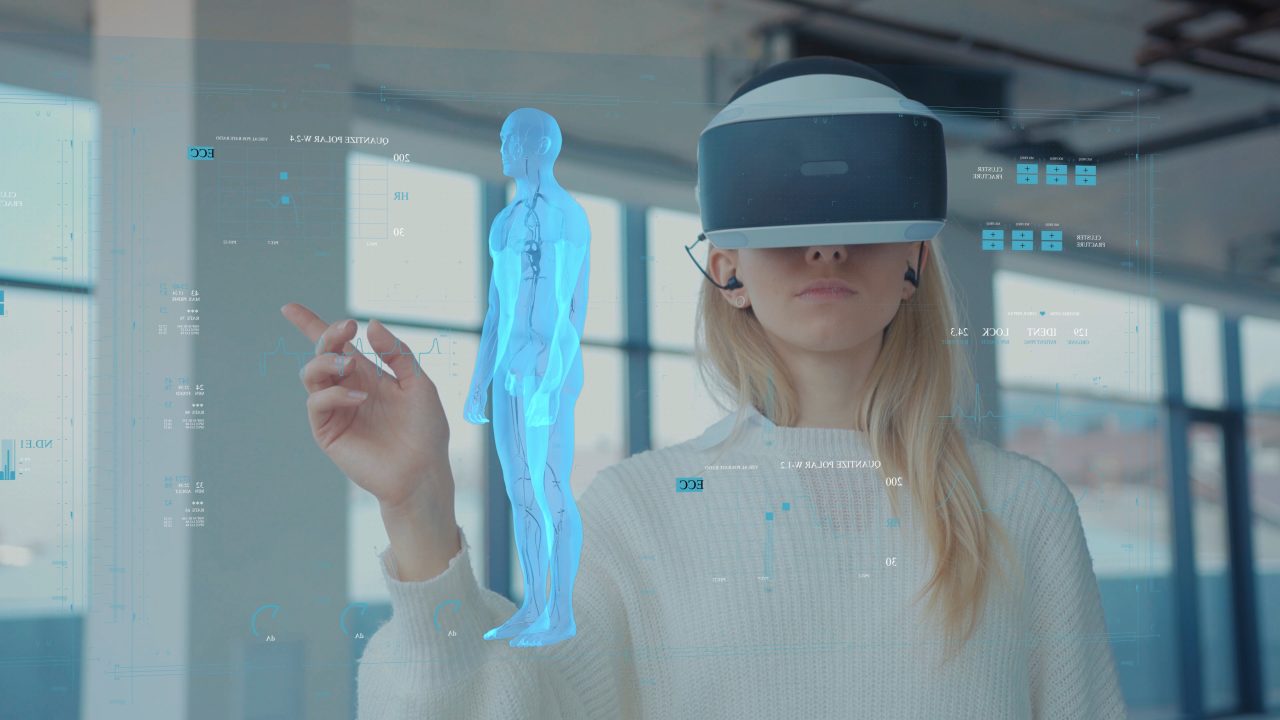 Augmented Reality. Close-up of a Female Doctor Looking: Medical Charts, 3D Hologram (DNA hologram, Pulmonary System, Muscular System, COVID-19) Wearing VR Glasses and Headsets. Future Medicine. VR Glasses.